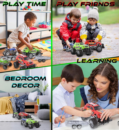 Mozlly 2 Sets of Friction Powered Monster Trucks with SUV Towing ATV Trailers - Realistic Truck and Trailer Toys