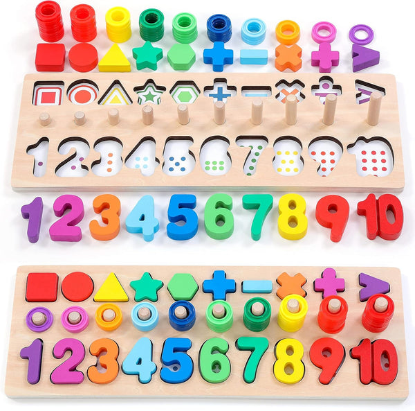 BEKILOLE Wooden Montessori Toys for Kids, Toddler Number Puzzles and Shape Stacker, Educational Math Blocks for 1 Year