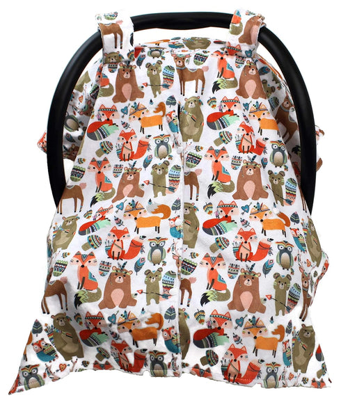 Dear Baby Gear Deluxe Baby Car Seat Canopy Cover - Tribal Woodland Forest Animals, Dot, White