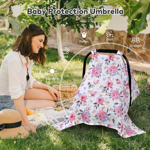 100% Summer Rquite Infant Car Seat Cover for Babies Girls, Muslin Cotton Carseat Canopy, Breathable Stroller Sun Shade