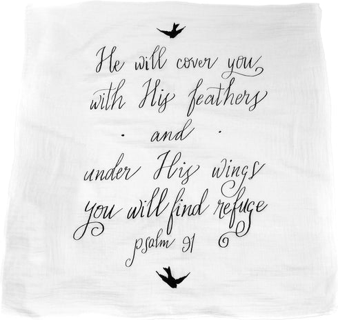 Under His Wings 91) 100% Muslin Swaddle & Bonus Baby Hat with Scripture Quote (Psalm - Organic Unbleached Cotton