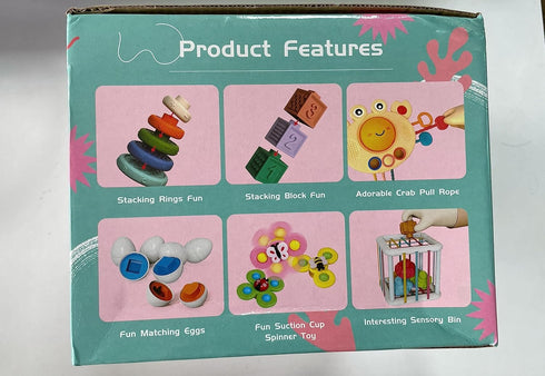 Baby Toys for 6 to 12 Months - Montessori Sensory Bins Toys for Toddlers, Pull String Teether, Stacking Blocks