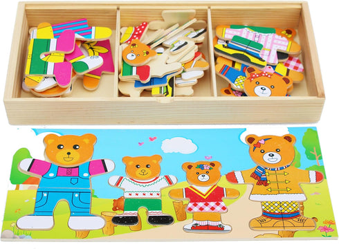TOWO Wooden Bear Family Dress Up Puzzle Box - Sorting and Matching Jigsaw Puzzle for 3 Year Olds