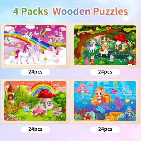 Sticeard 4-6,Unicorn Puzzles,24pcs 3-5,4 Pack 3 4 5 Wooden Puzzles for Kids Ages Princess Mermaid Fairy Kid Puzzles