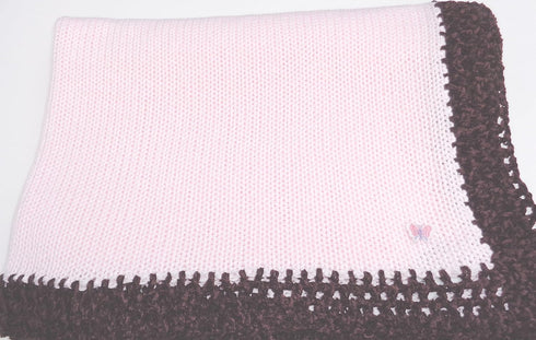 Sona Knitted Crochet Finished Light Pink Cotton Dark Brown Chenille Trim Baby Blanket