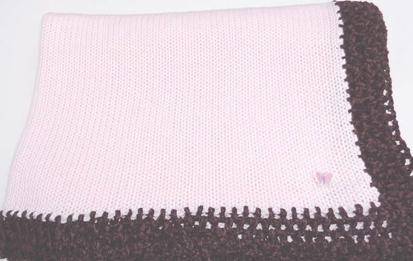 Sona Knitted Crochet Finished Light Pink Cotton Dark Brown Chenille Trim Baby Blanket
