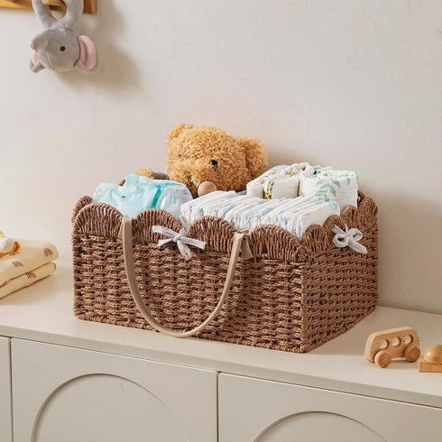 HBlife Large Baby Diaper Caddy, Paper Rope Storage Baskets Nursery Bin with Removable Divider, Portable Car Organizer
