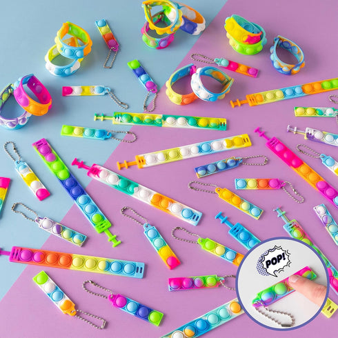 Pack 30 BONNYCO Pop It Bracelets and Keychains Kids Party Favors. Goodie Bags Stuffers for Kids, Fidget Toys Pop Its
