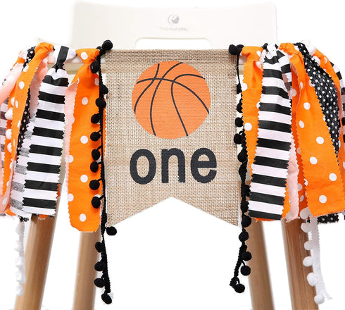 1st WAOUH Basketball Highchair Banner - High Chair Banner for Birthday, Cake Smash Photo Prop, Fabric Rag Garland