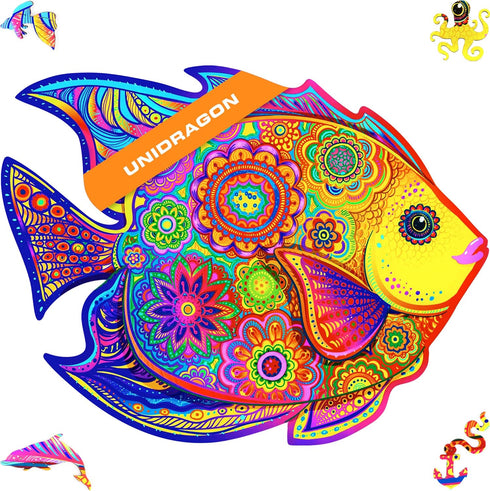 UNIDRAGON Original Wooden Puzzle Shiny Fish, 196 Pieces, Medium 12.6 x 9.6