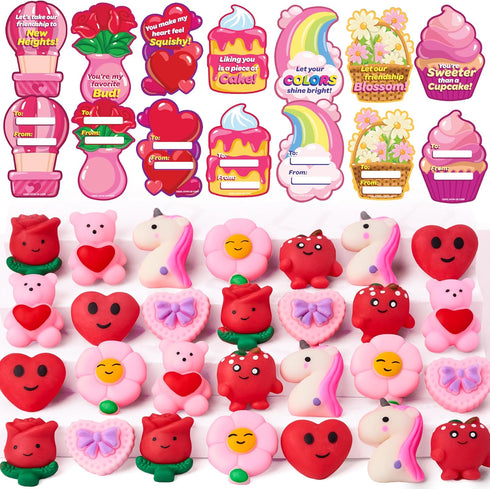 28 Packs JOYIN Valentines Day Gift Cards with Mochi Squishy Toys, Stress Relief Fidget, Cute Miniature Novelty Squeeze