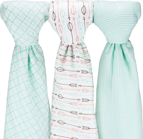 Muslin Baby Swaddle Blankets, Mint Blue and White Collection, Large (3 Pack)