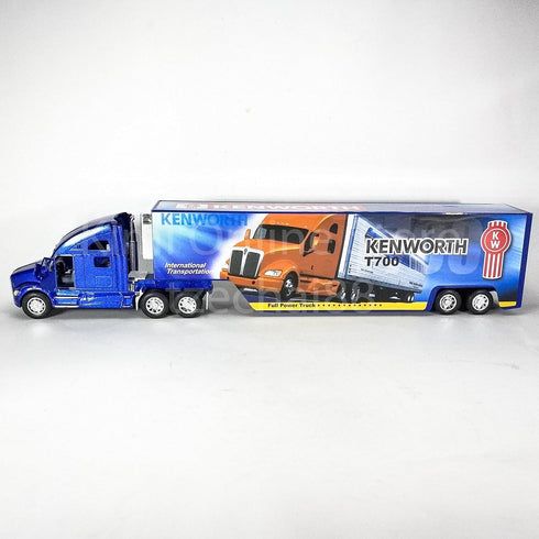 T700 1:68 Pullback KiNSMART Kenworth Container Truck, Scale, Die Cast Metal Model, Blue with Decals, Action