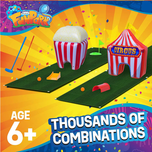 Set 13-Piece 6+ FunPark Inflatable Mini Golf Course with Adjustable Clubs, Balls, Putting Cups, Green Mats and Themed