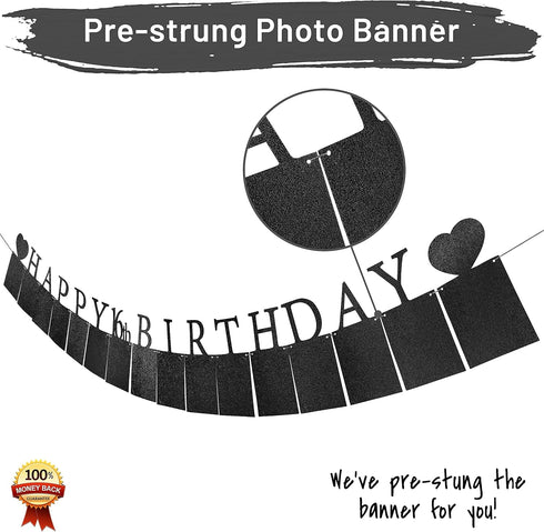 Sweet 16 Birthday Decorations Photo Banner, Pre-assembled Black Sweet 16 Banner with Sixteen Photo Card Frames