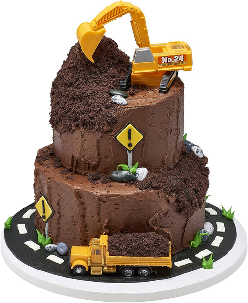 2 Set (11826) DecoPac Construction Dig Cake Decoration, Piece Cake Topper with Dump Truck and Moveable Excavator, Food