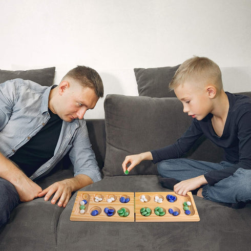Point Games Solid Pine Mancala - Folding Board Game with Blue, Green, White Marbles, Portable Strategy Game