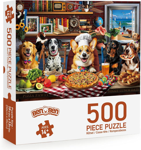 500 BenBen Puzzles for Adults Pieces, Dogs' Dinner Party, Dog Jigsaw Puzzle with Patterns on Back, Funny Animal Puzzle