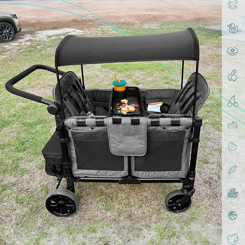 Double Sided Stroller Tray for Wonderfold Wagon - Kids Snacks & Activities, Faux Leather Sides, 4 Cup Holders