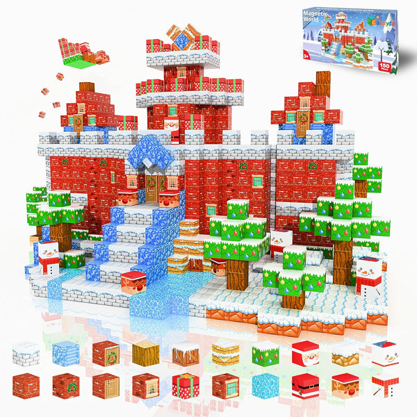 Nurcazo 150PCS Magnetic Building Blocks Set for Kids, Snow Winter Village Magnetic Cubes,