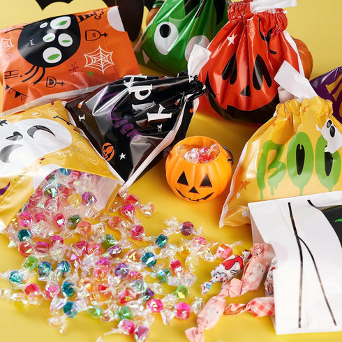 JOYIN 108 PCS Halloween Drawstring Treat Bags with 9 Character Designs, Mini Goodie Candy Bags for Kids Trick or
