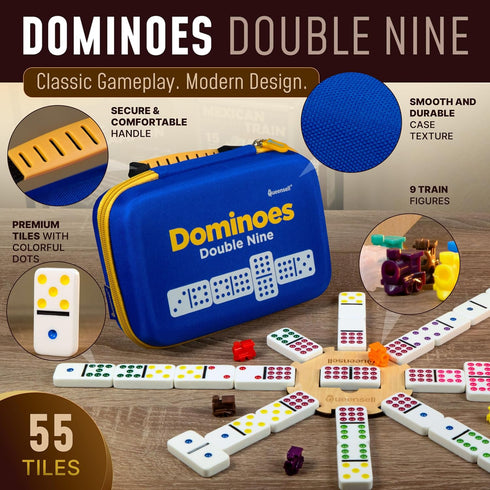 9 Set Set 55 Queensell Double Dominos for Adults and Kids with Colored Dots Classic Dominoes Game with Tiles, Wooden