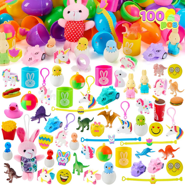 JOYIN 100 Pcs Prefilled Easter Eggs with Toys Plus Stickers, Filled with
