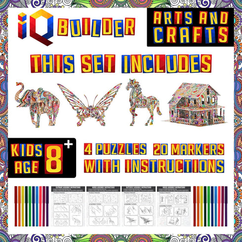 12 3D Set IQ BUILDER | Arts and Crafts for Girls Age Year Old and UP | Art Coloring Painting Animal Puzzle | Fun