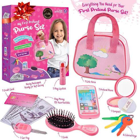 Toddler Play Purse for Kids with Accessories, Purse Toys for Girls with Pretend Makeup, Keys, Smartphone, Dress Up Toy Purse for Toddlers and Kids - Birthday Gift for Little Toddler Girls