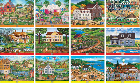 12-Pack Set, (4) 100 (4) 300 (4) 500 MasterPieces Jigsaw Puzzle Bundle Fun for Adults and Family, Folk Art Collection
