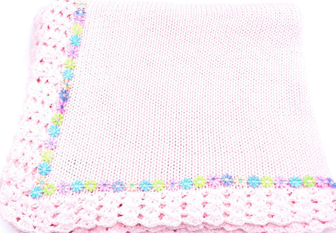 BUBU Knitted Pink Cotton Large Baby Blanket with Daisy Ribbon