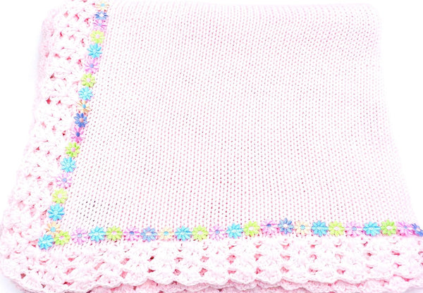 BUBU Knitted Pink Cotton Large Baby Blanket with Daisy Ribbon