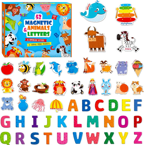 Large Magnetic Letters and Animals, Educational Learning Tool for Kids, 52 Pieces Magnets with Colorful Alphabet Letters