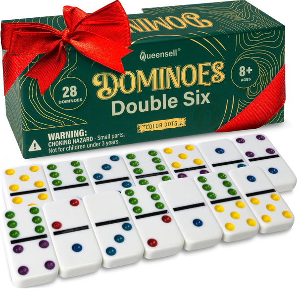 Queensell Dominos Set for Adults and Kids with Colored Dots Double 6