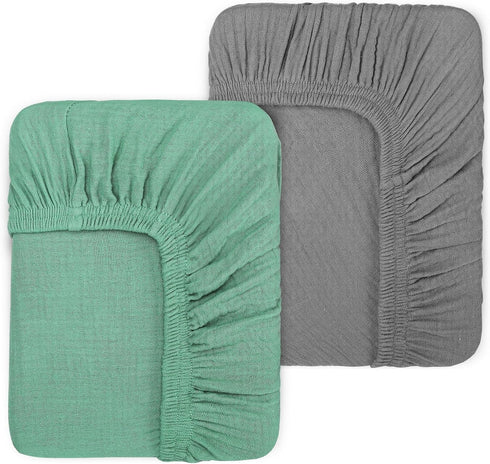 2 Pack Green & Grey Muslin Cotton Crib Sheets for Girls &