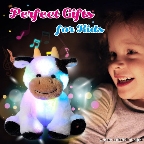 Cuteoy Glowing LED Cow Nightlight, Musical Plush Stuffed Animal with Lullabies, Gifts for Kids, 10"
