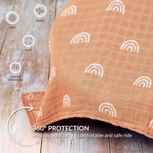 Meracorallo Muslin Baby Car Seat Cover, Boho Rainbow Infant Carrier Cover Lightweight Breathable Soft Carseat Canopy