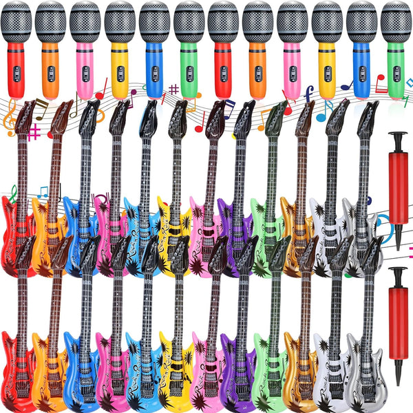 36 Pcs Colorful Inflatable Instruments Rock Star Toy Set - 12 Pcs Microphones, 24 Pcs Guitars for Party Decoration