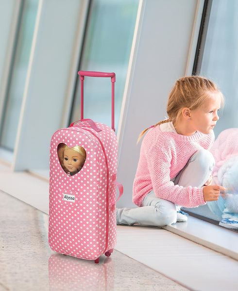 Badger Basket 3-in-1 Doll Trolley Travel Carrier with Rocking Bed and Bedding for 18 inch Dolls - Pink/Polka Dot