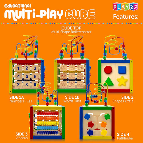 Play22 6 in-1 Counting Counting 8Pcs Wooden Activity Cube for Baby - Baby Activity Play Cube with Bead Maze, Shape