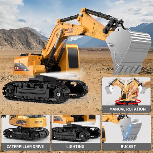 MQDMINI Set 3-12 Remote Control Excavator and Dump Truck Toy - RC Construction Vehicles Toy with Barricades, Road