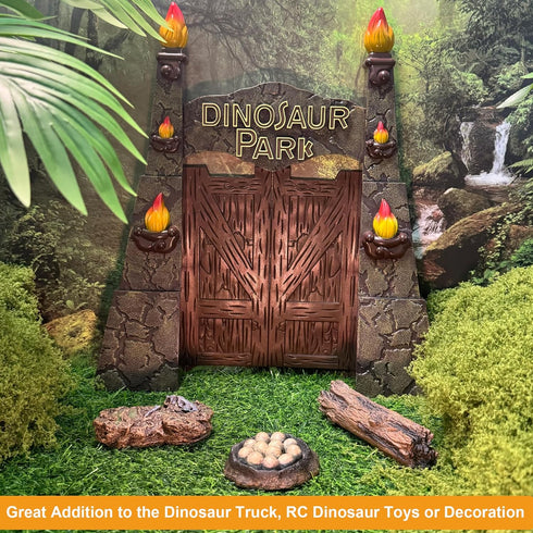 12inches Realistic Dinosaur Park Gate with Log, Nest of Eggs, Stone, Great Addition to Dino Toys, Truck or RC Dinosaur
