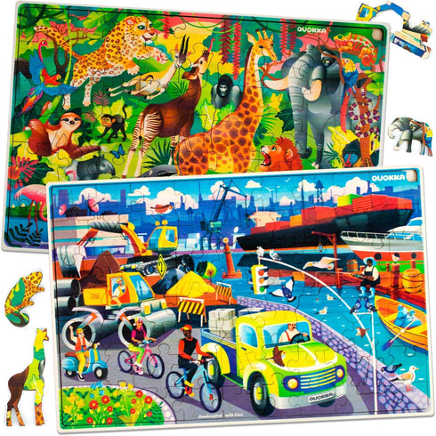 QUOKKA Wooden Kids Puzzles Ages 4-6 - 4 x 60 Piece Puzzles for Kids Ages 4-8, Cars, Ships, and Animals
