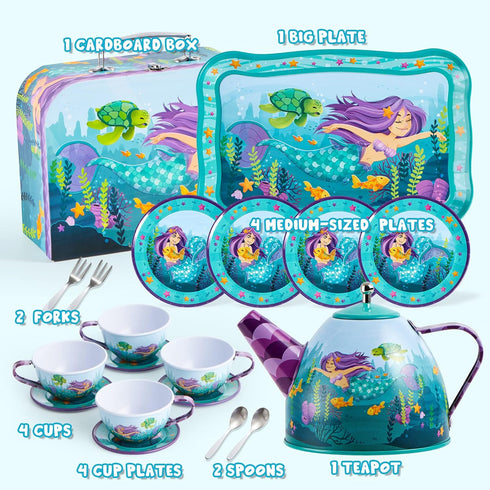 35Pcs Set Set, 3 4 5 6 JOYIN Mermaid Tea Party for Little Girls, Pretend Tin Teapot Princess Tea Time Play Kitchen Toy