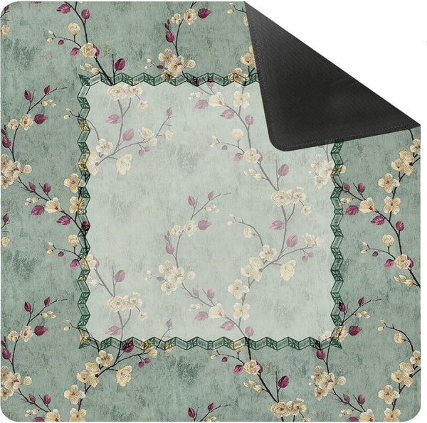 Vintage Green Chinoiserie Floral Bird Mahjong Mat for Table 31.5 x 31.5