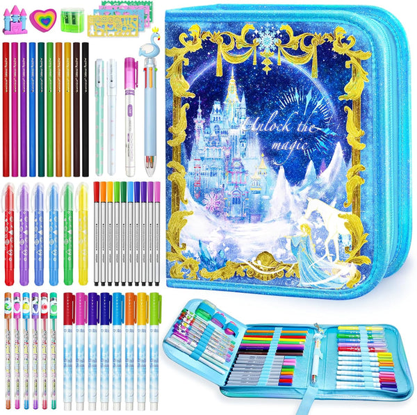 Washable Fruit Scented Markers Set, 53 PCS with Frozen Princess Castle Pencil Case, STEM Toys for Girls