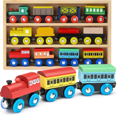 Set 12 Set 3 Sets Play22 Wooden Train PCS - Train Toys Magnetic Includes Engines - Toy Train For Kids Toddler Boys