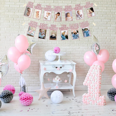 1st Birthday Photo Banner PartyHooman for Baby from Newborn to 12 Months, Rose Gold