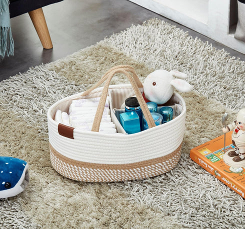 DECOMOMO Diaper Caddy - Baby Diaper Basket Organizer for Changing Table, Girl Boy Gift (Spiral Beige & White)