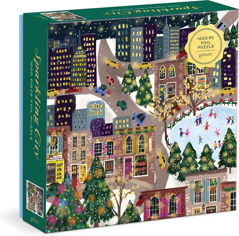 Galison Sparkling City - 1000 Piece Foil Puzzle with Colorful Illustrations and Gold Foil Accents